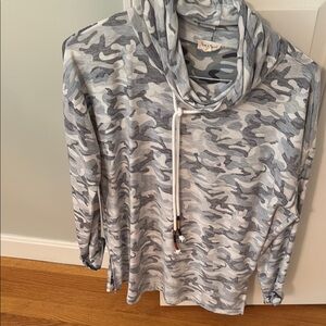 Hem & Thread Blue Camouflage Cowl Neck Top muted color